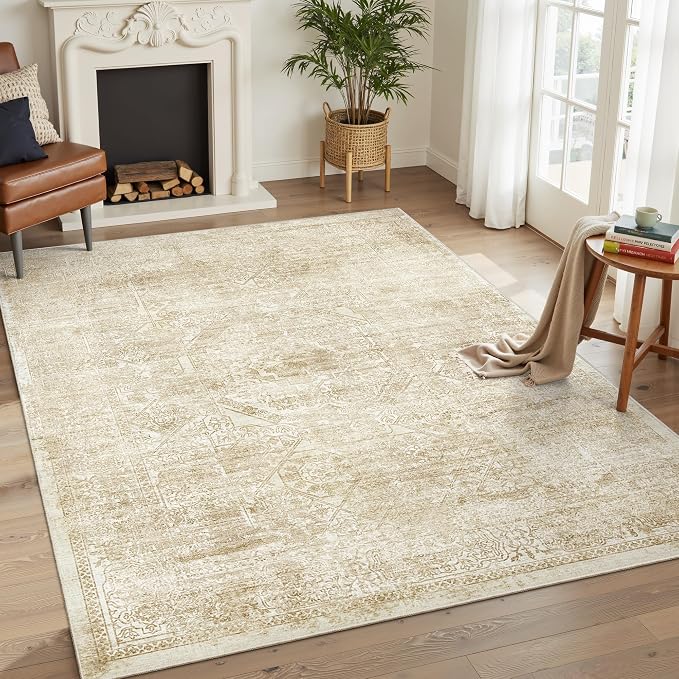Soalmost 5x7 Area Rugs Beige/Ivory Washable Trendy Faded Style Floral Rugs | - Image 2