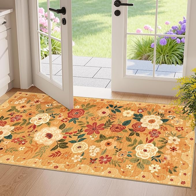 DUKINO 2x4 Entryway Rug, Floral Washable Kitchen Rugs Non Slip, Soft Indoor by DUKINO