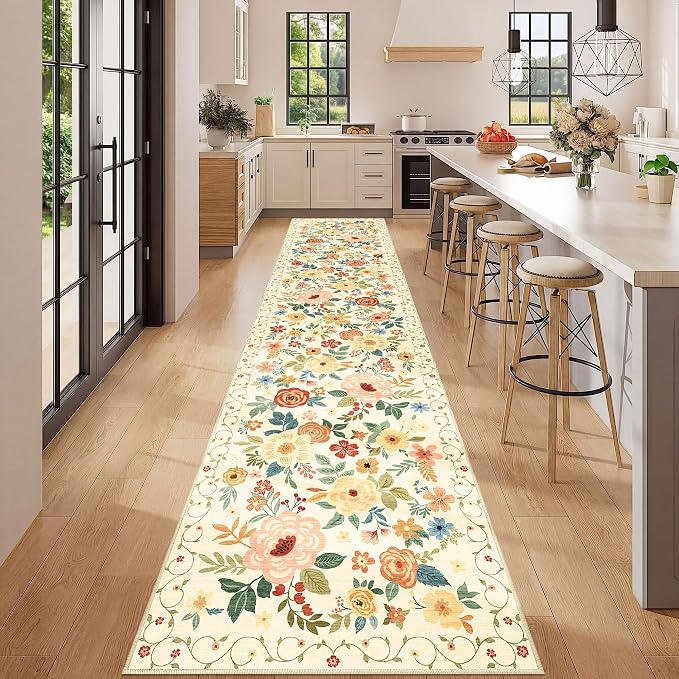 DUKINO 2.6x12 Kitchen Runner Rug, Floral Non Slip Washable Rug Beige Yellow | - Image 3