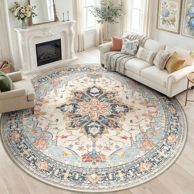 RELEANY Washable Area Rug, Round 8ft, Water Repellent, Pet Friendly, Vintage by RELEANY