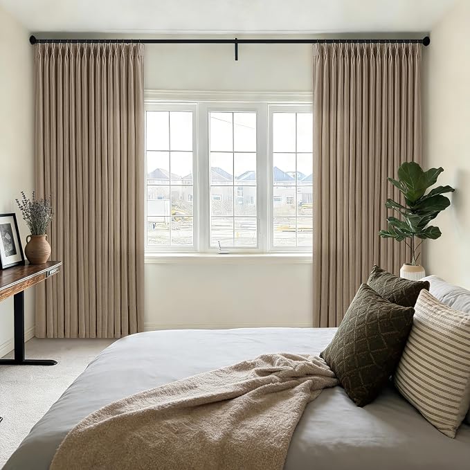102 Inch Light Brown Thick Linen Pleated Semi Sheer Curtains - Image 7
