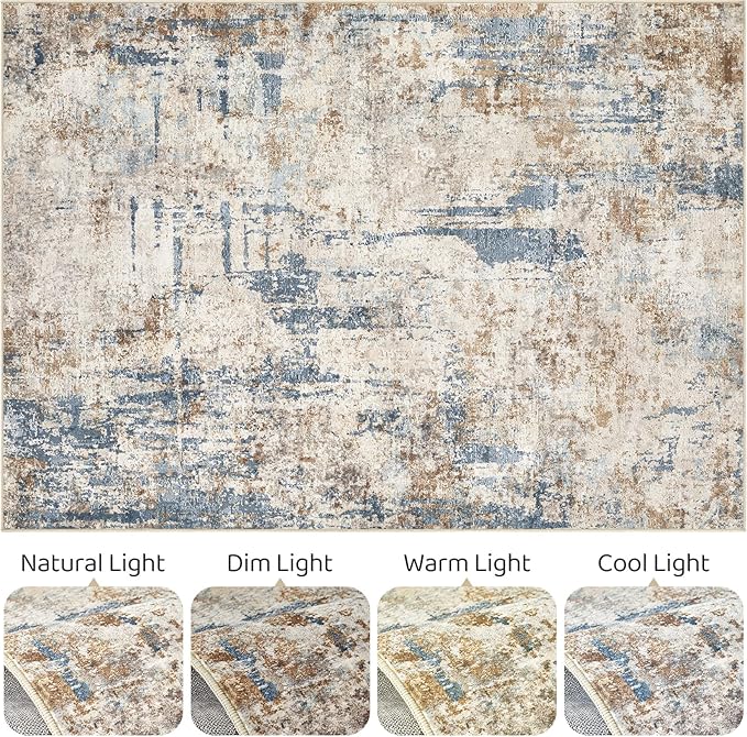 LOONGRUG 5x8 Area Rug Washable Neutral Modern Living Room Rugs Blue Tan | - Image 9