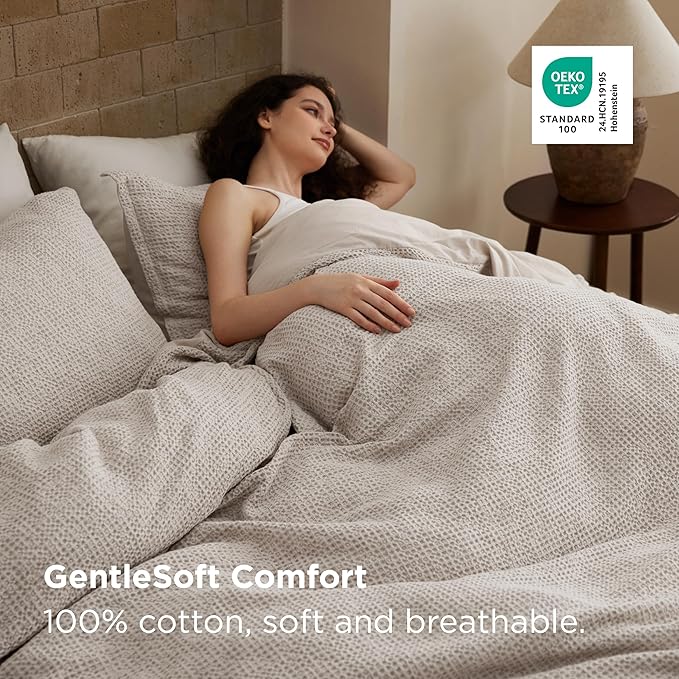 Bedsure Waffle Duvet Cover King - 100% Cotton Duvet Cover Linen Color, Space-Dyed for Enhanced Bedroom Aesthetics, GentleSoft™ and Stylish All-Season, 3-Piece Bedding Set with Button Closure, 104"x90"