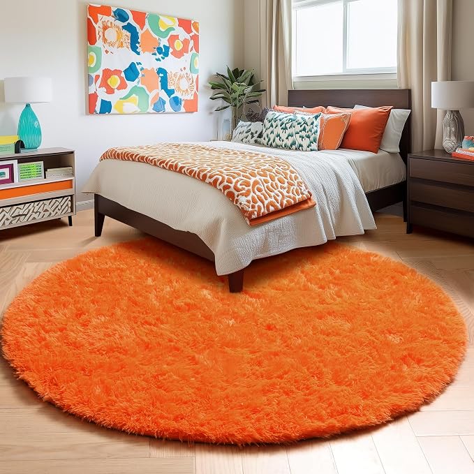 Amdrebio Orange Large Round Shaggy Area Rug 6Ft - Image 5
