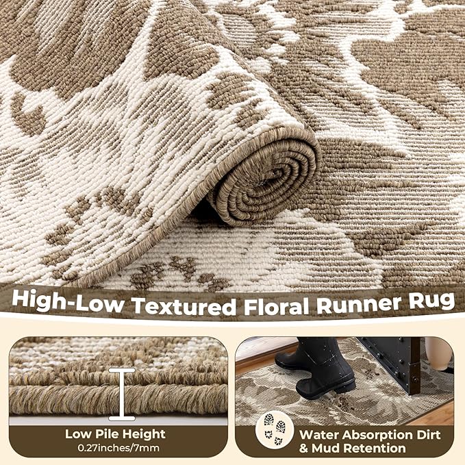 Findosom Hallway Runner Rug 2x8, Non Slip High-Low Textured Floral Washable - Image 5