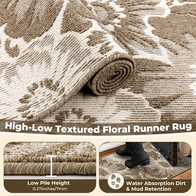 Findosom Hallway Runner Rug 2x6, Non Slip High-Low Textured Floral Washable - Image 5