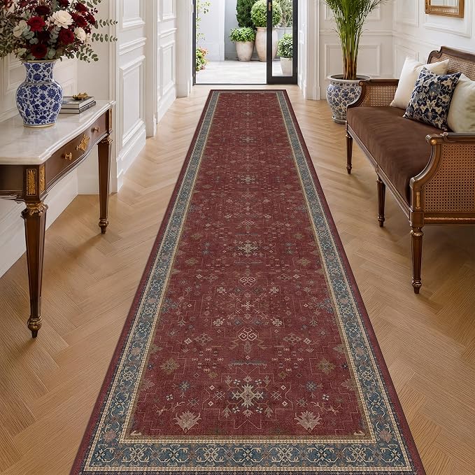 Boho Washable 3x16 Extra Long Hallway Runner Rug, Burgundy Waterproof Large by HazoHaus