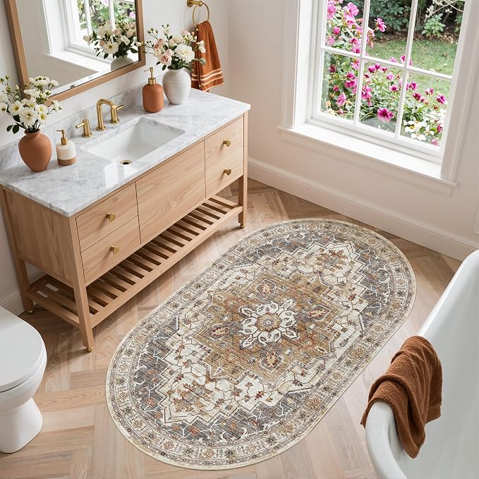 Madane Washable Oval Rug 3x5 for Entryway Small Area Rugs, Turmeric/Grey | - Image 4