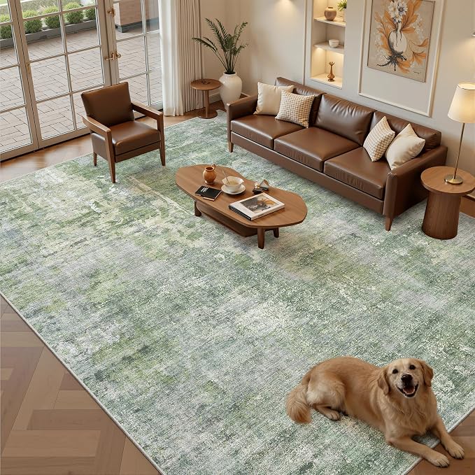 Soalmost 9x12 Area Rugs for Living Room Washable Rug Abstract Green/Ivory | - Image 2
