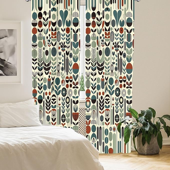 Ambesonne Leafy Art Curtains, Scandinavian Leaves Pattern with Geometric Roundy Modern Boho Print, Window Treatments 2 Panel Set for Living Room Bedroom, Pair of - 28" x 95", Pale Green Redwood Teal