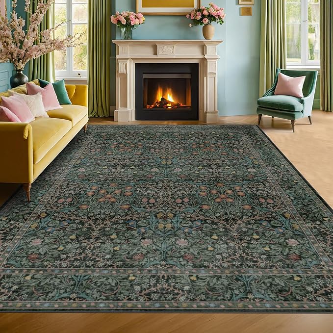 Vintage Dark Green Living Room Rug, 7x10 Washable Area Rugs - Image 9