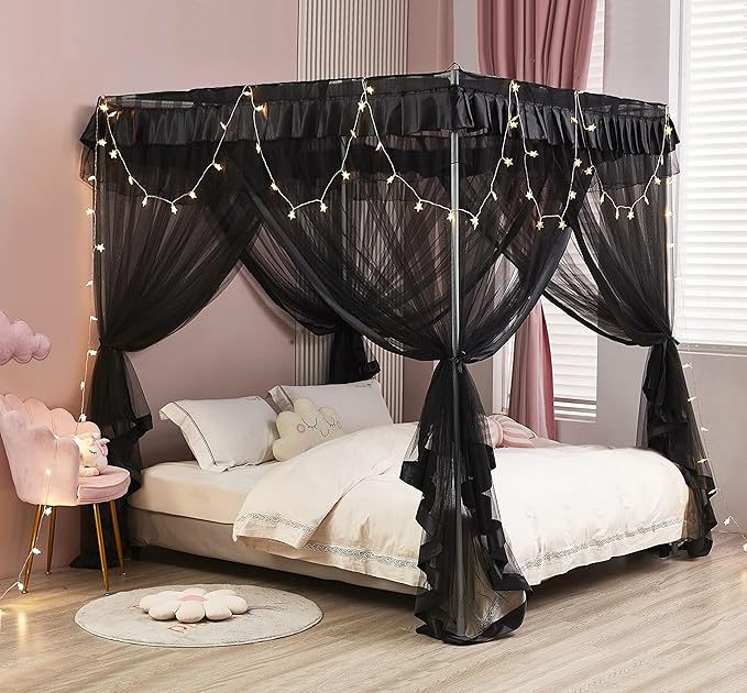 Mengersi Black Elegant 4 Corners Post Canopy Bed Curtains Mosquito Net Bed Drapes Full Size