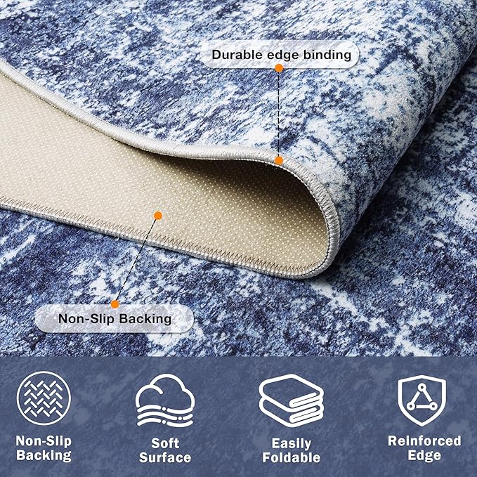 9x12 Washable Area Rug for Living Room Bedroom: Non-Slip Modern Navy Blue | - Image 4