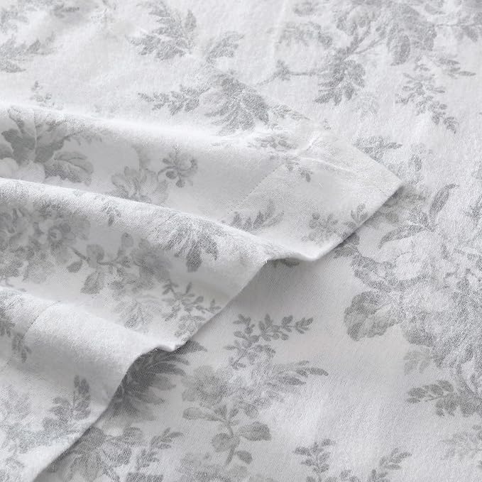 Laura Ashley - Flannel Sheets King Size, Anti-Pilling & Wrinkle Resistant Cotton, Touchably Soft for All-Season Comfort - Bed Sheets with Matching Pillowcases & Fitted Sheet (Vanessa Grey)