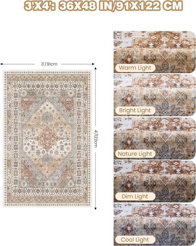 3x4 Washable Area Rug for Entryway Non Slip Kitchen Rugs, Soft Vintage Living - Image 2