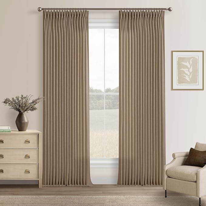 102 Inch Light Brown Thick Linen Pleated Semi Sheer Curtains by Twodrapes