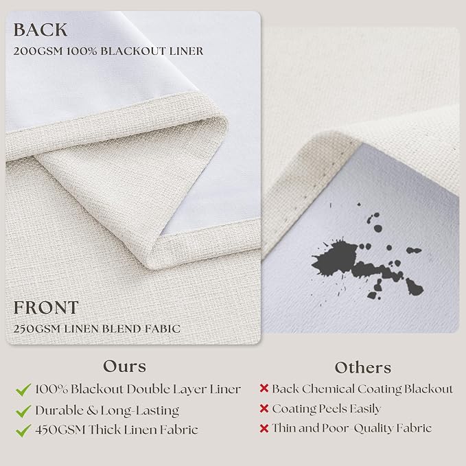 Ivory White Pleated 100% Blackout Linen Curtains 96 Inches Long 2 Panels | - Image 8
