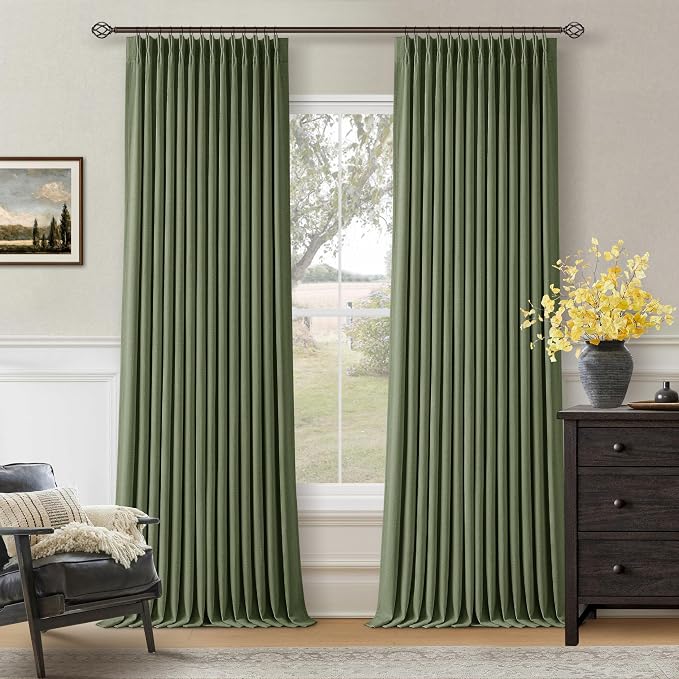 105 Inch Olive Green Linen Pinch Pleated Blackout Curtains - Image 7