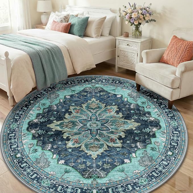 RELEANY Washable Area Rug, Round 6ft, Teal | Non-Slip, Water Repellent - Image 3