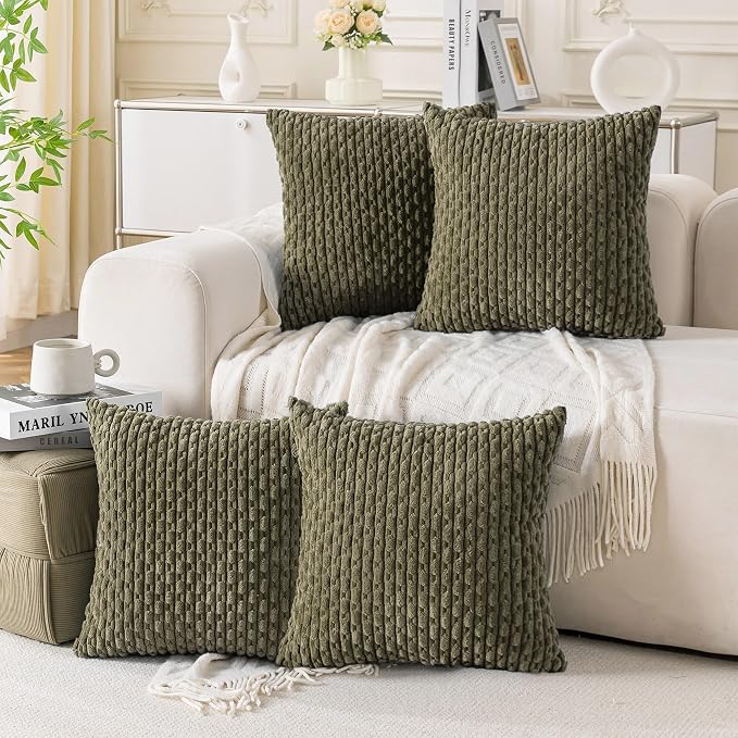 Set of 4 Olive Green Decorative Throw Pillow Covers 24x24 Inch Corduroy Pillow by Cozoomy