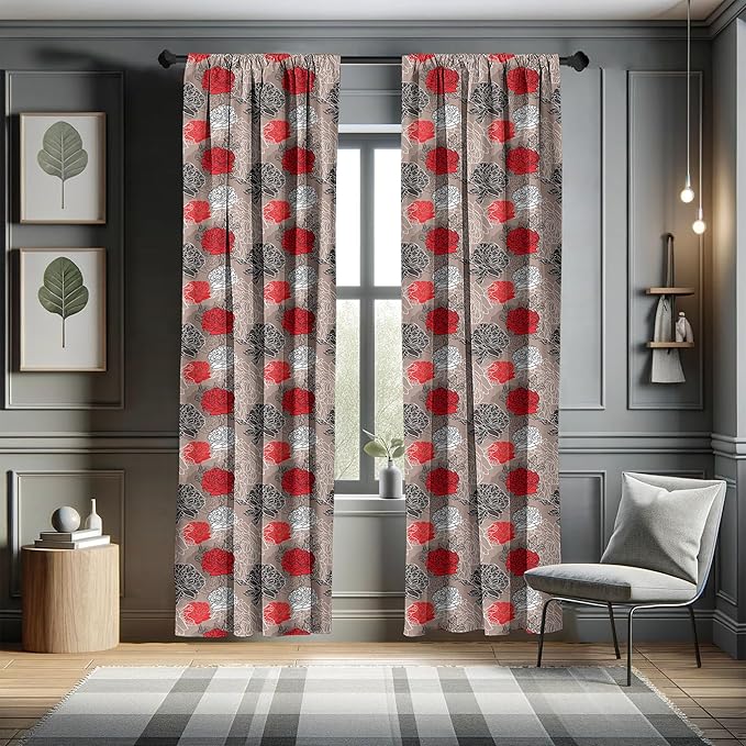 Ambesonne Floral Curtains, Blossoming Peonies Vintage Botanical Composition Abstract Petals and Buds, Window Treatments 2 Panel Set for Living Room Bedroom, Pair of - 28" x 95", Red Grey