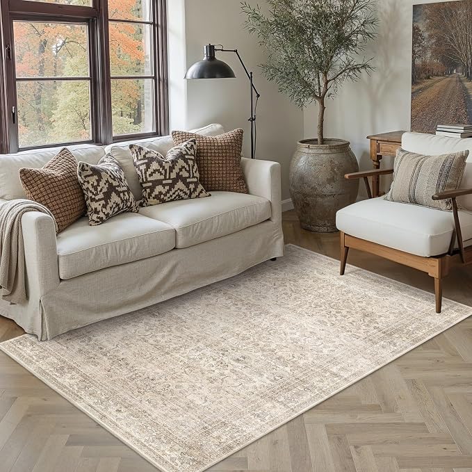 Schweek 4x6 Beige Area Rug Washable Non Slip Vintage Neutral Entryway Rugs | - Image 3