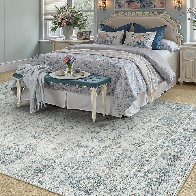 6x9 Light Blue Retro Floral Washable Area Rug - Image 2