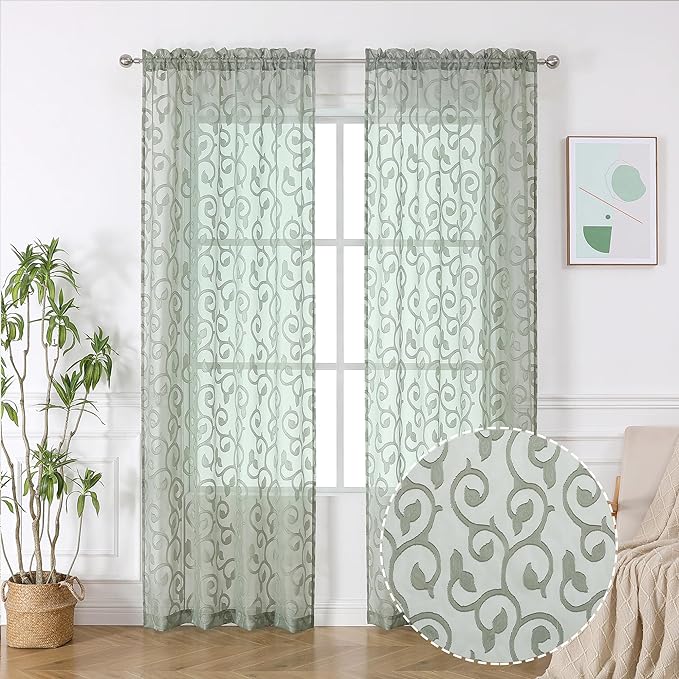 Sage Green Semi Sheer Curtains 84 inches Long by OWENIE