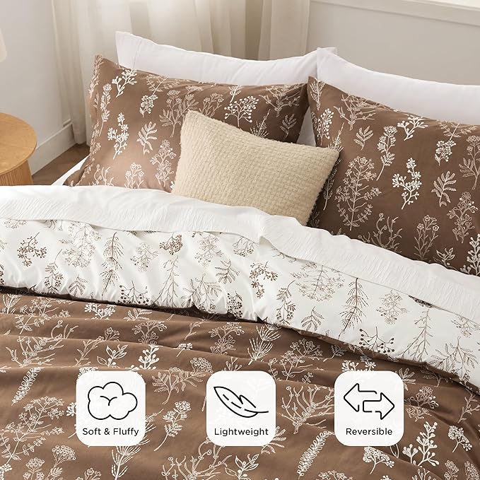 Bedsure Full Comforter Set - Brown Bed Set, 3 Pieces Cute Floral Bedding, 1 Soft Reversible Botanical Flowers Comforter and 2 Pillow Shams