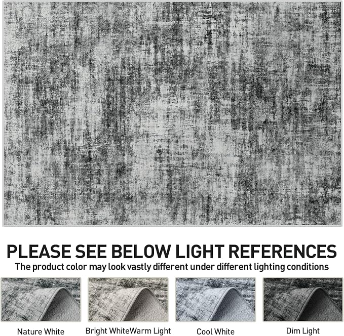 9x12 Area Rugs for Living Room: Washable Abstract Black Badroom Carpet | - Image 8