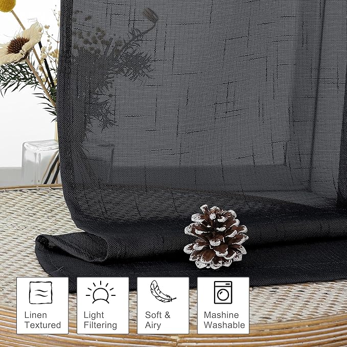Aiyufeng Kirei 2 PCS Black Sheer Textured Curtains 36 inch Length, Faux Linen Textured Soft Elegant Short Cafe Curtains for Farmhouse Bathroom Bedroom Small Windows, Each 30Wx36L inch