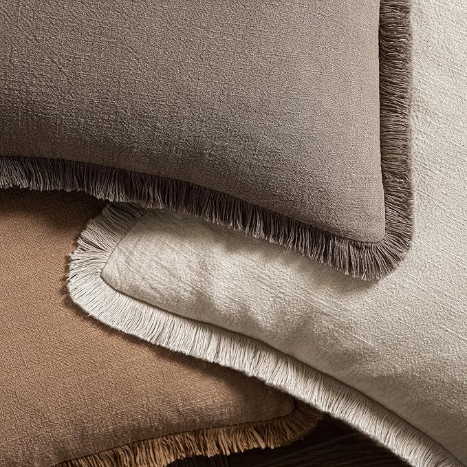 MIULEE Linen Fringe Decorative Fall Euro Throw Pillow Covers Coffee 26x26 | Set - Image 4