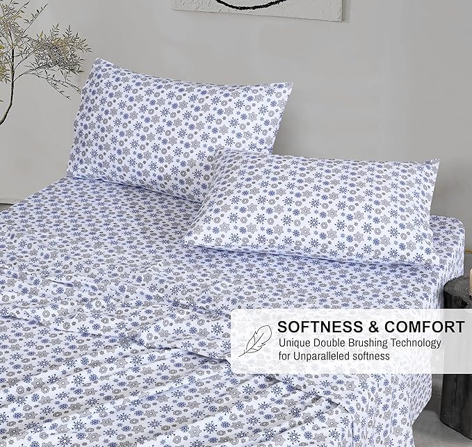 RUVANTI Flannel Sheets King Size - 100% Cotton Brushed King Size Sheets Set - Deep Pockets 16 Inches Bed Sheets - All Seasons Breathable & Extra Soft - Warm & Cozy, 4 Piece, Snow Flake Grey