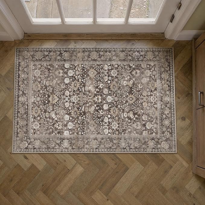 2x3 Coffee Brown Vintage Floral Washable Area Rug - Image 2