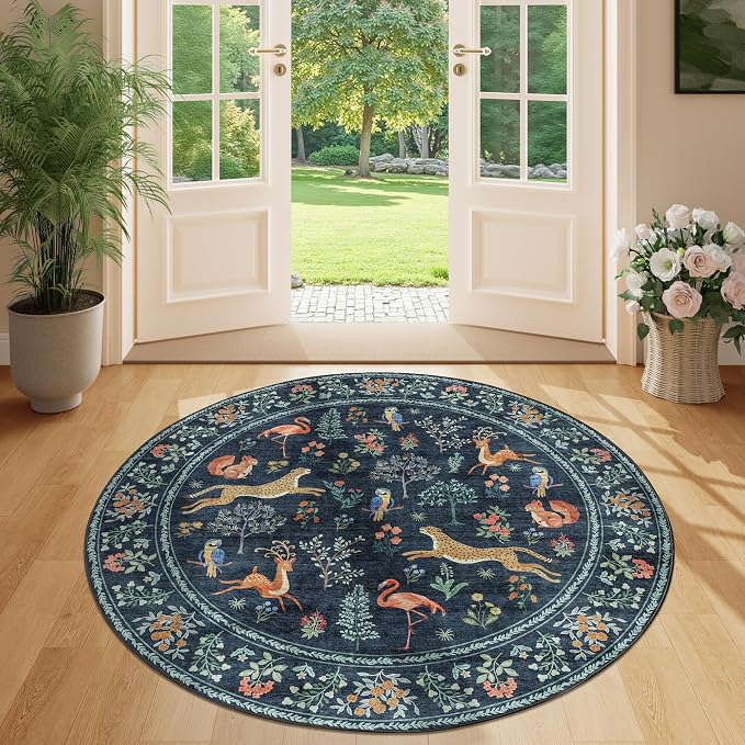 DUKINO 4ft Round Rug, Washable Animal Round Area Rug Non Slip, Non-Shedding by DUKINO