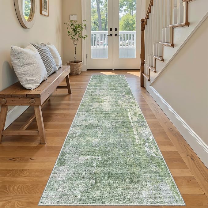 Soalmost Runner Rug 2'6"x8' Kitchen Hallway Runners Abstract Green/Ivory | - Image 3