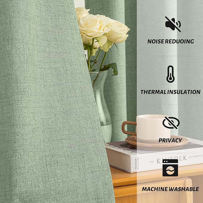 Yakamok 96 Inch Light Sage Green Linen Texture Curtains - Image 5