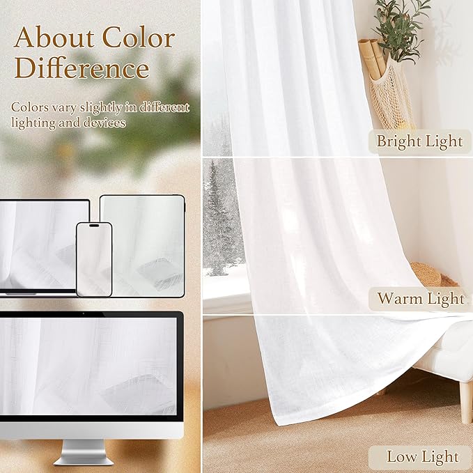 RYB HOME Semi Sheer Curtains - Privacy Linen Curtains Light Filtering Loose Weave Soft Drapes for Bedroom Living Room Bathroom Window Decor, White, 34 inch Wide x 63 inch Long, 1 Pair