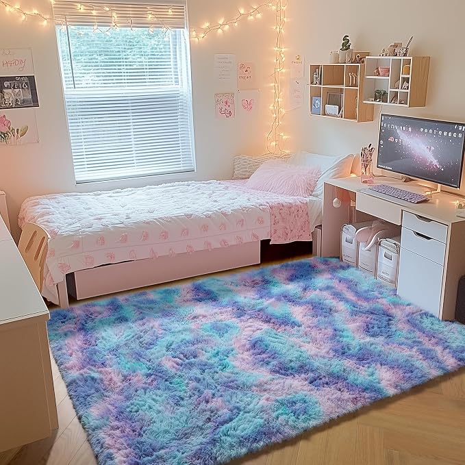 Rainbow Rugs for Girls Bedroom, 5x8 Fluffy Bedside Throw Area Rug, Soft Plush - Image 7