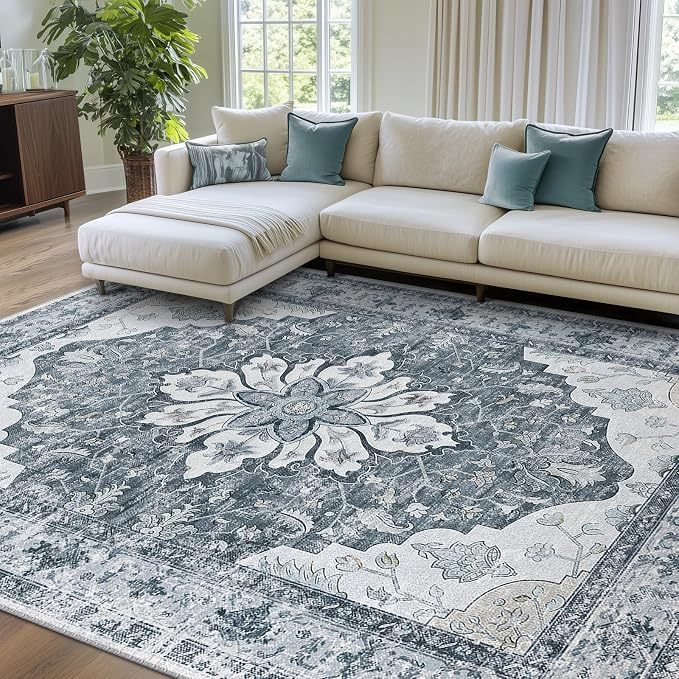 RELEANY Washable Area Rug, Water Repellent, Pet Friendly, Vintage Floral Boho by RELEANY