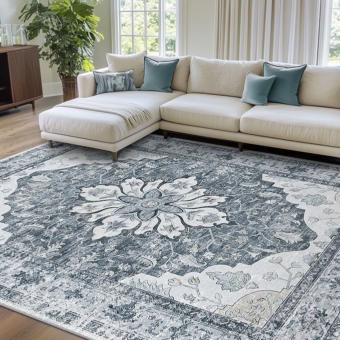 RELEANY Washable Area Rug, Water Repellent, Pet Friendly, Vintage Floral Boho by RELEANY