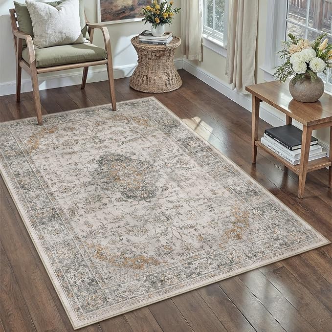 5x7 Taupe Green Retro Floral Washable Area Rug - Image 3