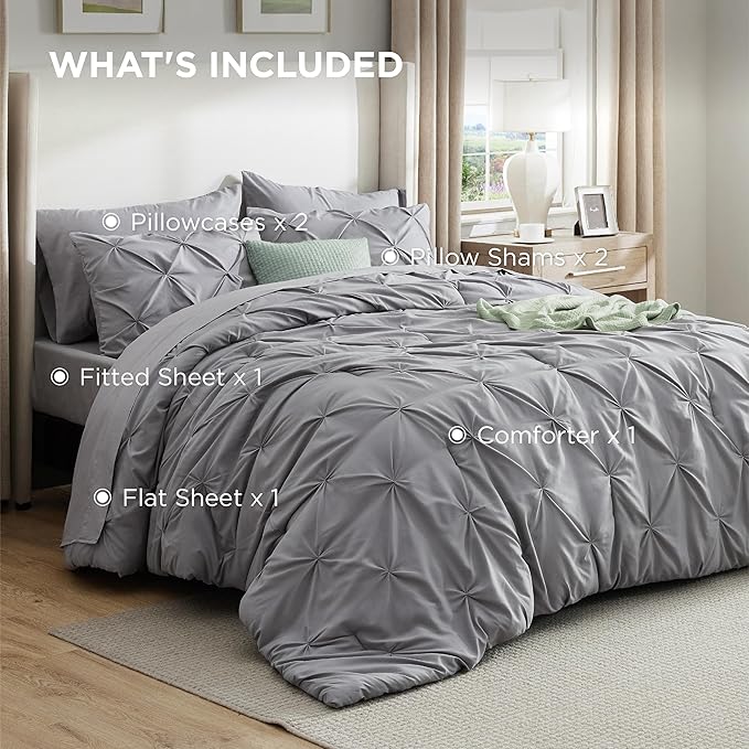 Bedsure King Size Comforter Set - Bedding Sets King 7 Pieces, Pintuck Bed in a Bag Grey Bed Set with Comforter, Sheets, Pillowcases & Shams