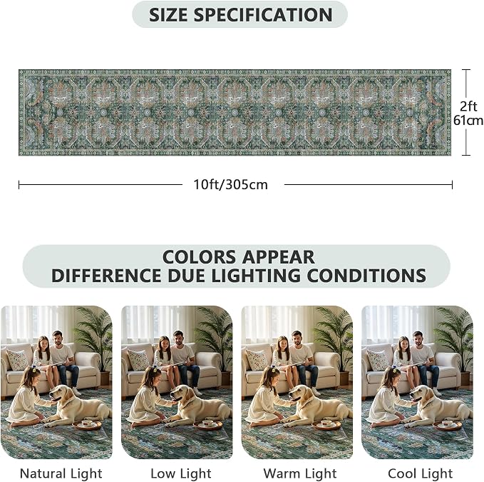 2x10 Hallway Runner Rug, Washable Vintage Retro Long Runner Rugs - Image 2