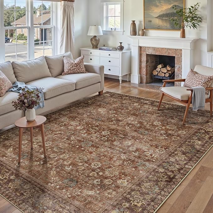 6x9 Brick Red Vintage Floral Washable Area Rug - Image 3