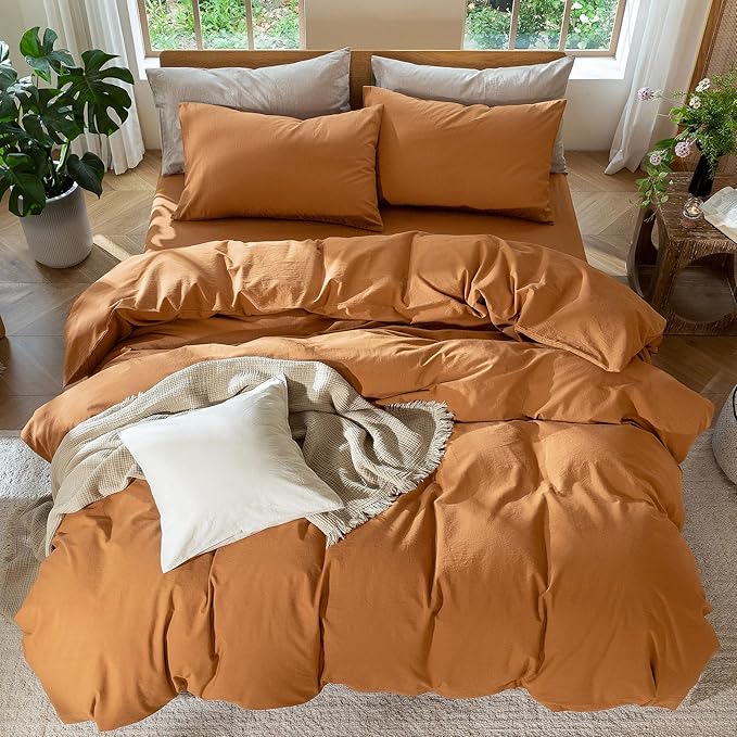 MooMee Bedding Duvet Cover Set 100% Washed Cotton Linen Like Textured Breathable Durable Soft Comfy (Solid Burnt Orange, Palatial King/Oversized King 120"x98")