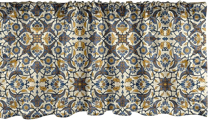 Ambesonne Turkish Pattern Window Valance, Flowers in and Traditional Style, Curtain Valance for Kitchen Bedroom Decor with Rod Pocket, 42" x 12", Earth Yellow Slate Blue