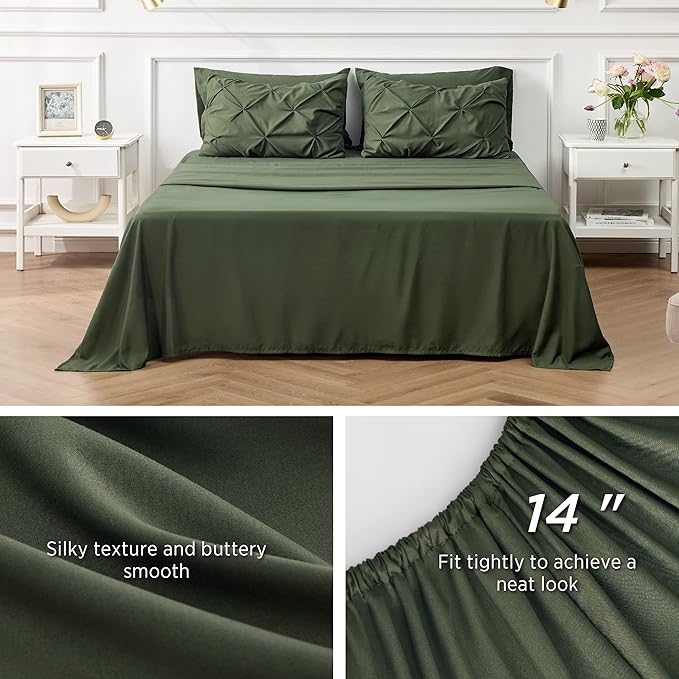 Bedsure Twin XL Comforter Set - Extra Long 5 Pieces Dorm Bedding Sets, GentleSoft™ Pinch Pleat Olive Green Bed in a Bag with Pintuck Comforter, Sheets, Pillowcase & Sham