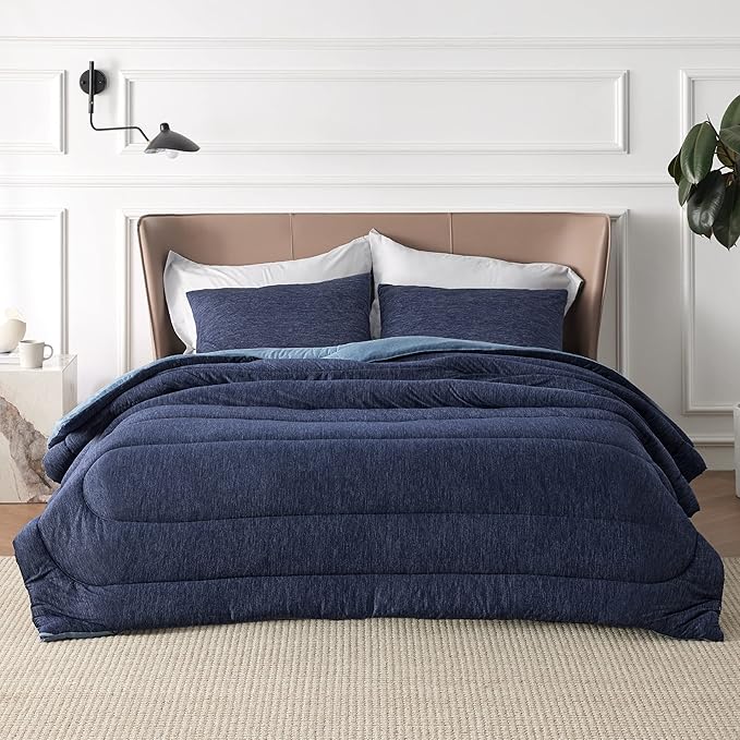 Bedsure King Comforter Set - Cooling and Warm Bed Set, Navy Blue Reversible Bedding for All Season, 3 Pieces, 1 King Size Comforter (102"x90") and 2 Pillow Cases (20"x36")
