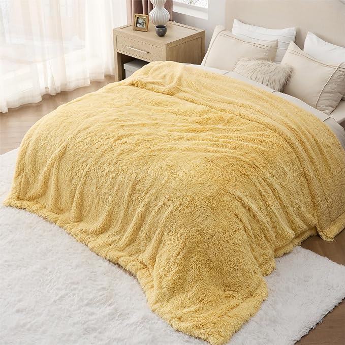 Bedsure GentleSoft Fluffy Yellow Blankets Queen Size - Image 8